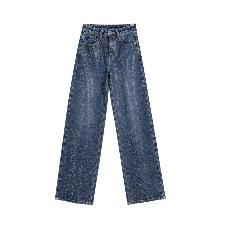 Women’s Dark-Indigo Rhinestone Wide-Leg Jeans product view 1, style Lucas001