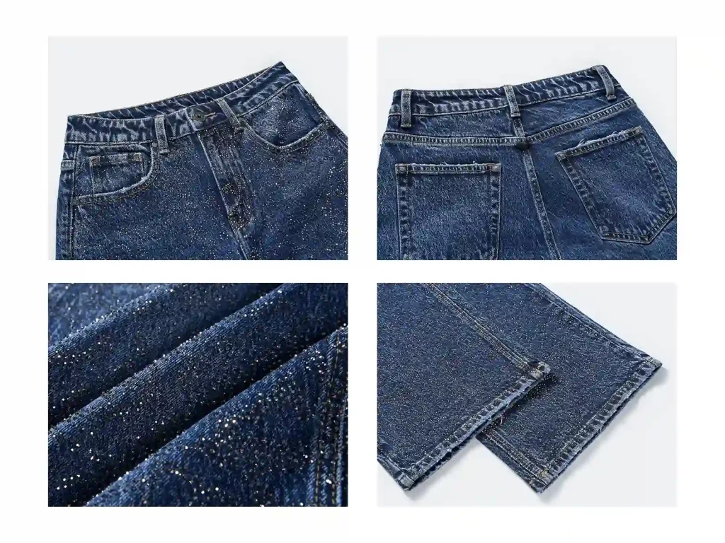 Women’s Dark-Indigo Rhinestone Wide-Leg Jeans wash and construction detail, style Lucas001