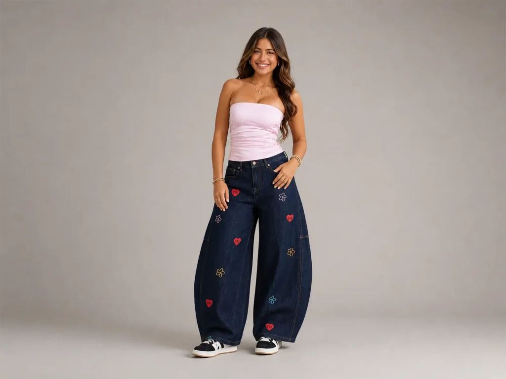 Women’s Dark-Raw Embroidered Cropped Wide-Leg Jeans fit and fabric detail, style Lucas002