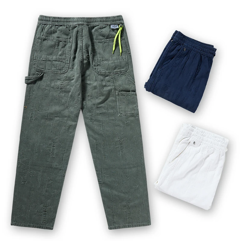 Men's army green textured cargo pants back view with navy and off-white references, style 4164568