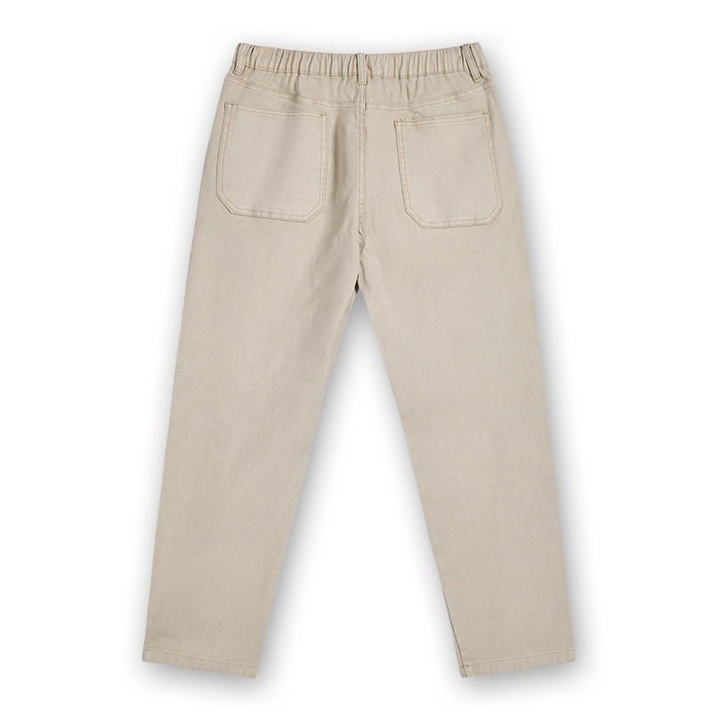 Men's beige drawstring tapered denim pants, back view, style 4E801