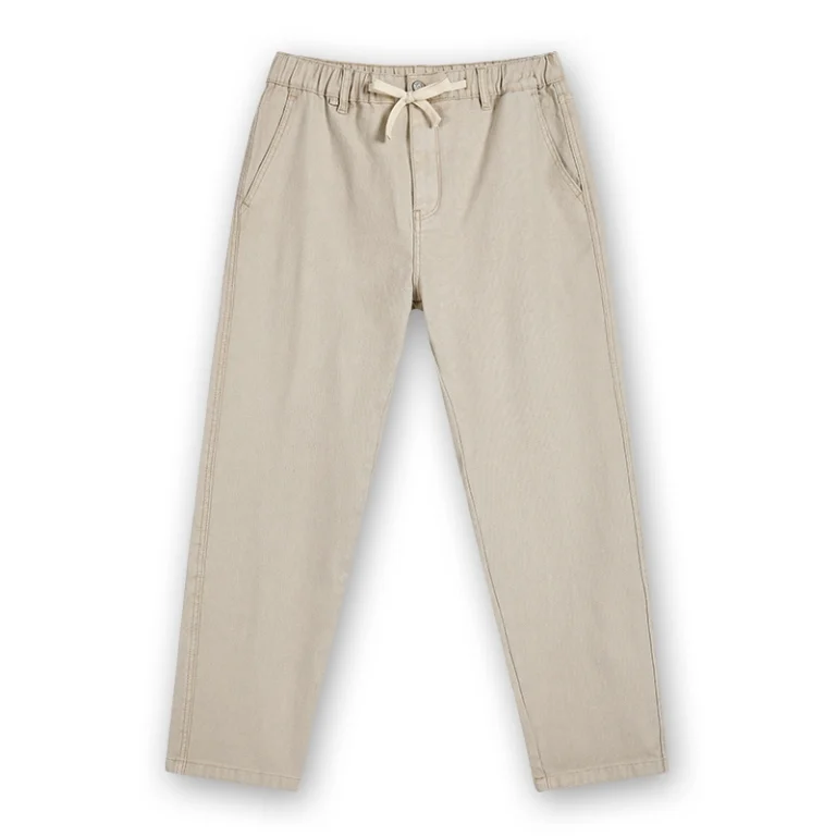 Men's beige drawstring tapered denim pants, front view, style 4E801