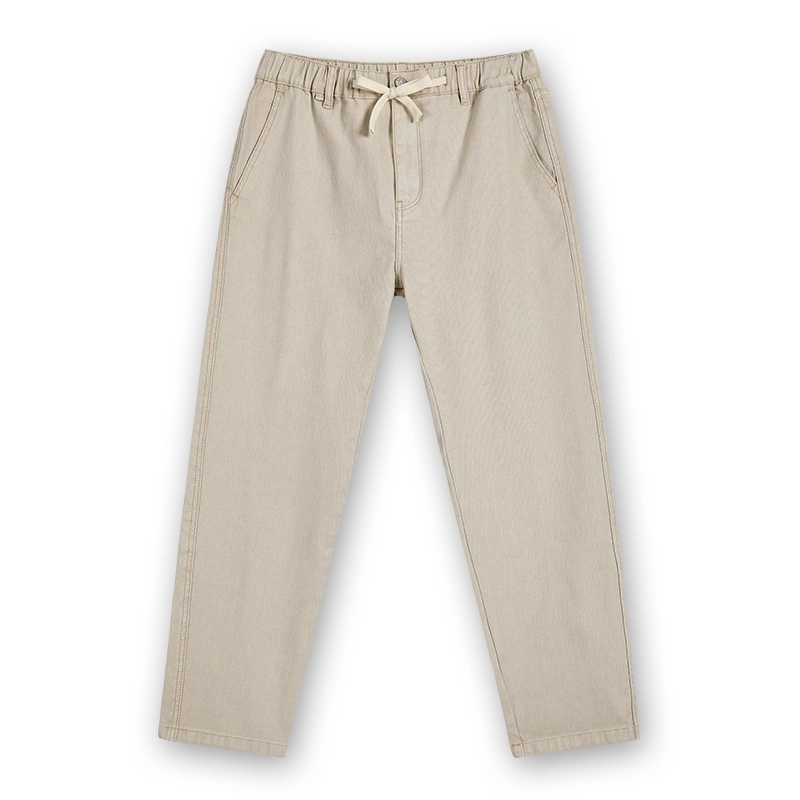 Men's beige drawstring tapered denim pants, front view, style 4E801