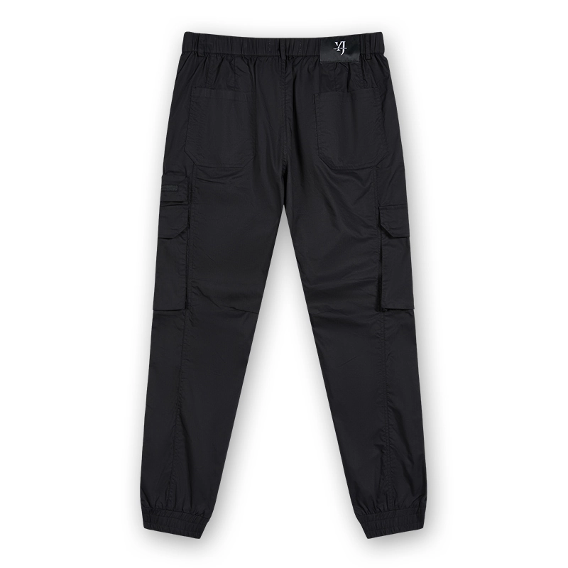 Men's black button-waist cargo jogger pants, back view, style 1-2116
