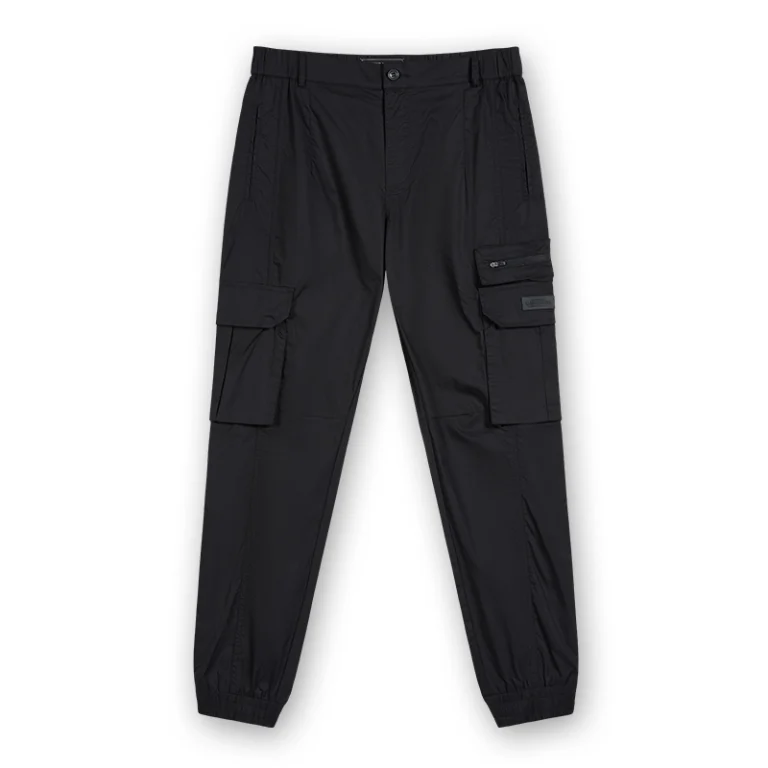 Men's black button-waist cargo jogger pants, front view, style 1-2116