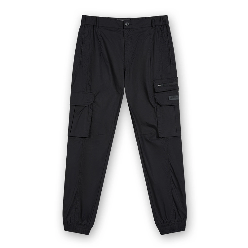 Men's black button-waist cargo jogger pants, front view, style 1-2116