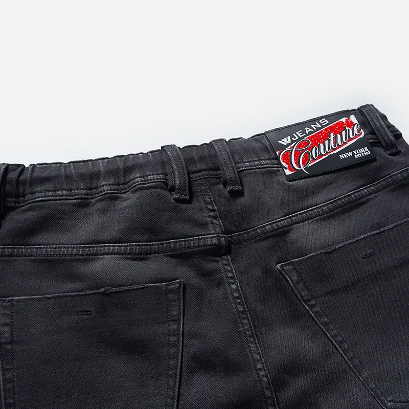 Men's black distressed drawstring denim Bermuda shorts, back pocket and waist label detail, style S26WJBJ105