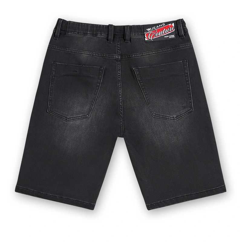 Men's black distressed drawstring denim Bermuda shorts, back view, style S26WJBJ105