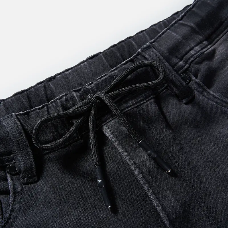 Men's black distressed drawstring denim Bermuda shorts, adjustable drawstring waist detail, style S26WJBJ105
