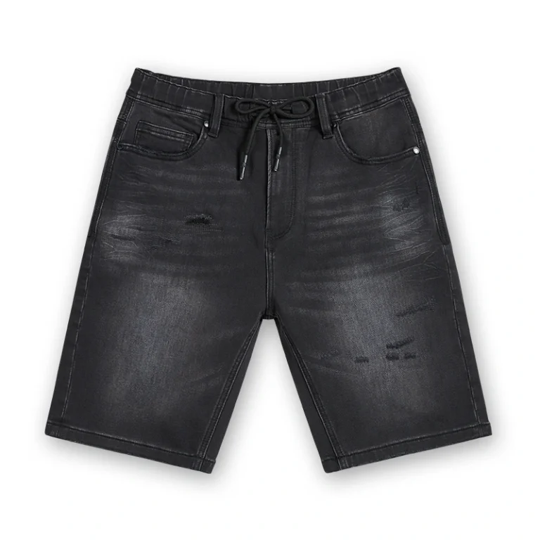 Men's black distressed drawstring denim Bermuda shorts, front view, style S26WJBJ105