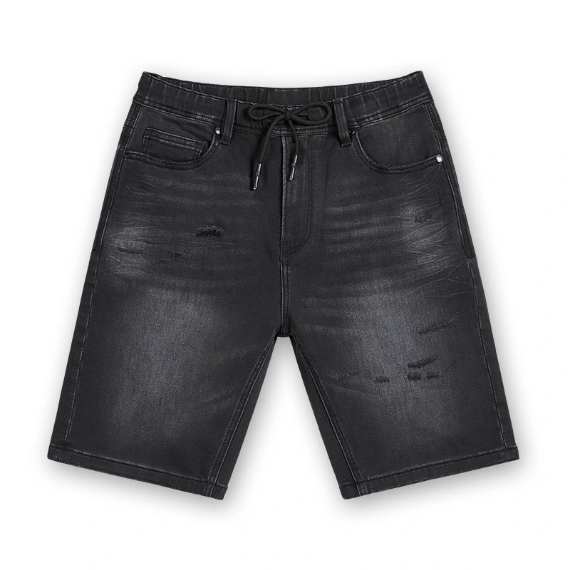Men's black distressed drawstring denim Bermuda shorts, front view, style S26WJBJ105