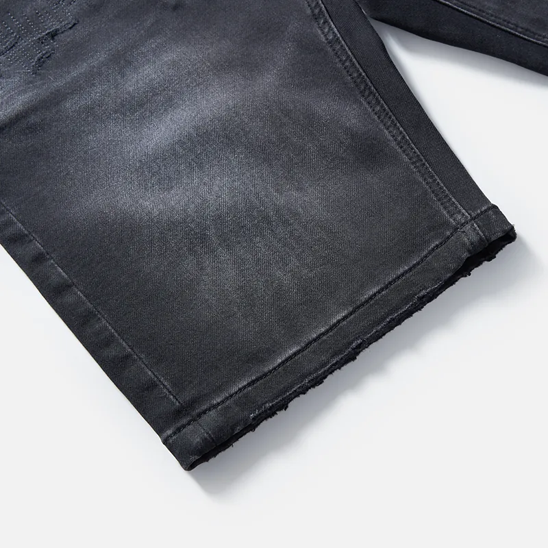 Men's black distressed drawstring denim Bermuda shorts, hem and wash detail, style S26WJBJ105