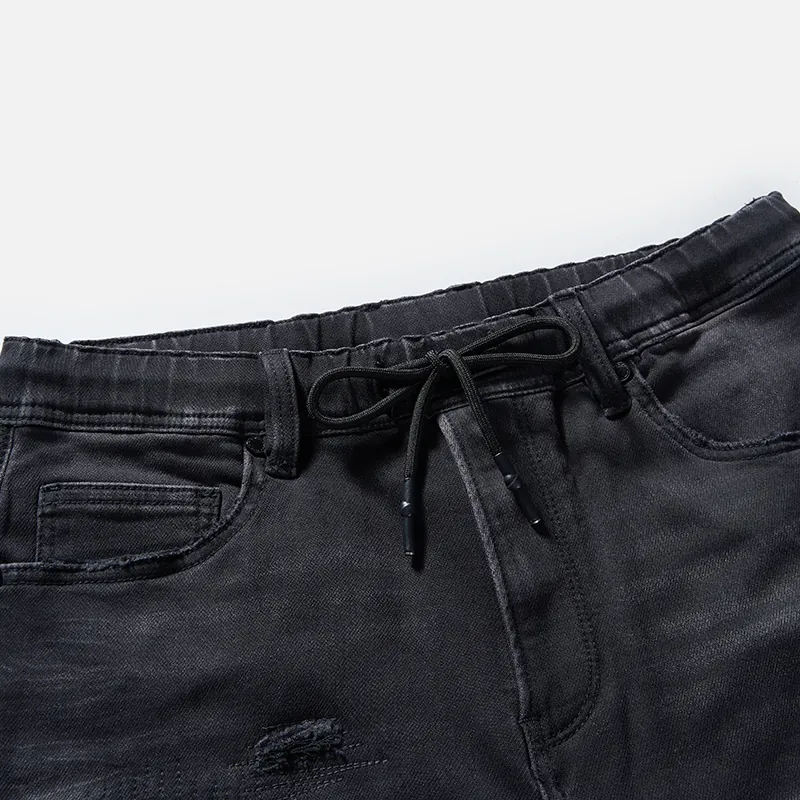 Men's black distressed drawstring denim Bermuda shorts, waist and wash detail, style S26WJBJ105