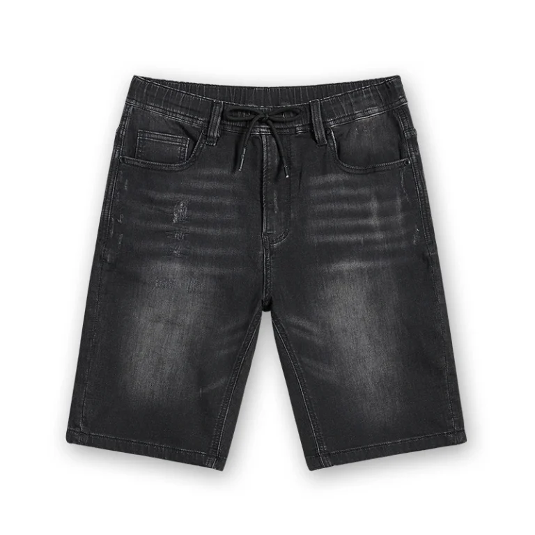 Men's black gradient-wash drawstring denim shorts, front view, style S26WJBJ102