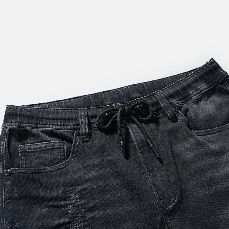 Men's black gradient-wash drawstring denim shorts, waist and wash detail, style S26WJBJ102