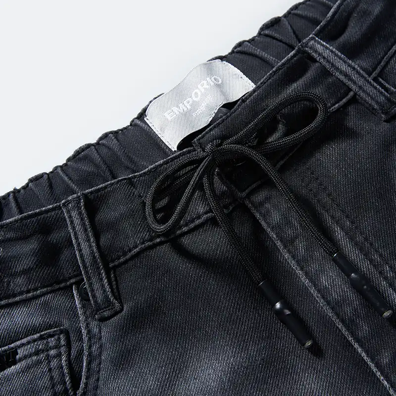 Men's black-grey ripped drawstring slim jeans, adjustable drawstring waist detail, style DJSS2605M