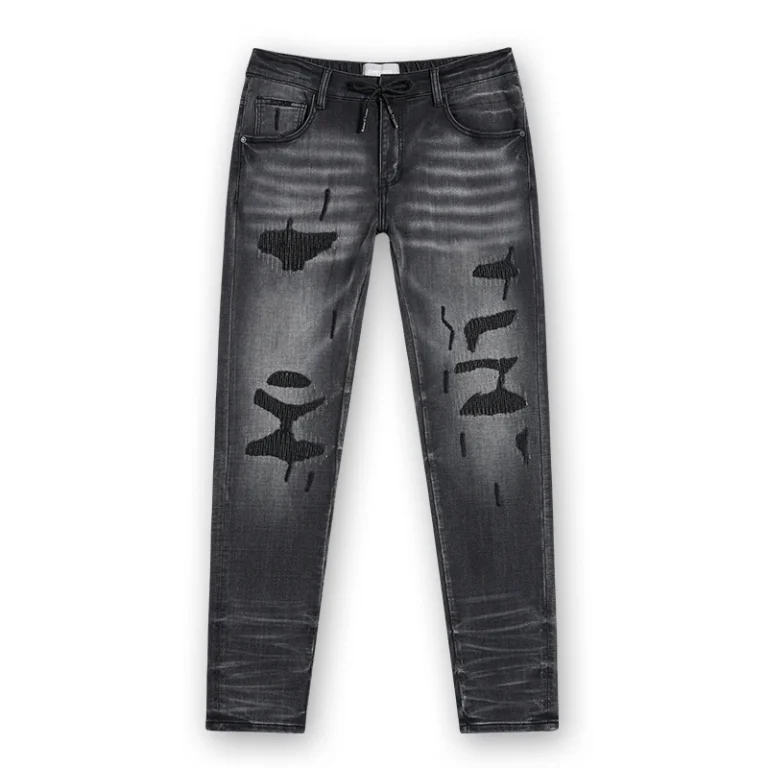 Men's black-grey ripped drawstring slim jeans, front view, style DJSS2605M