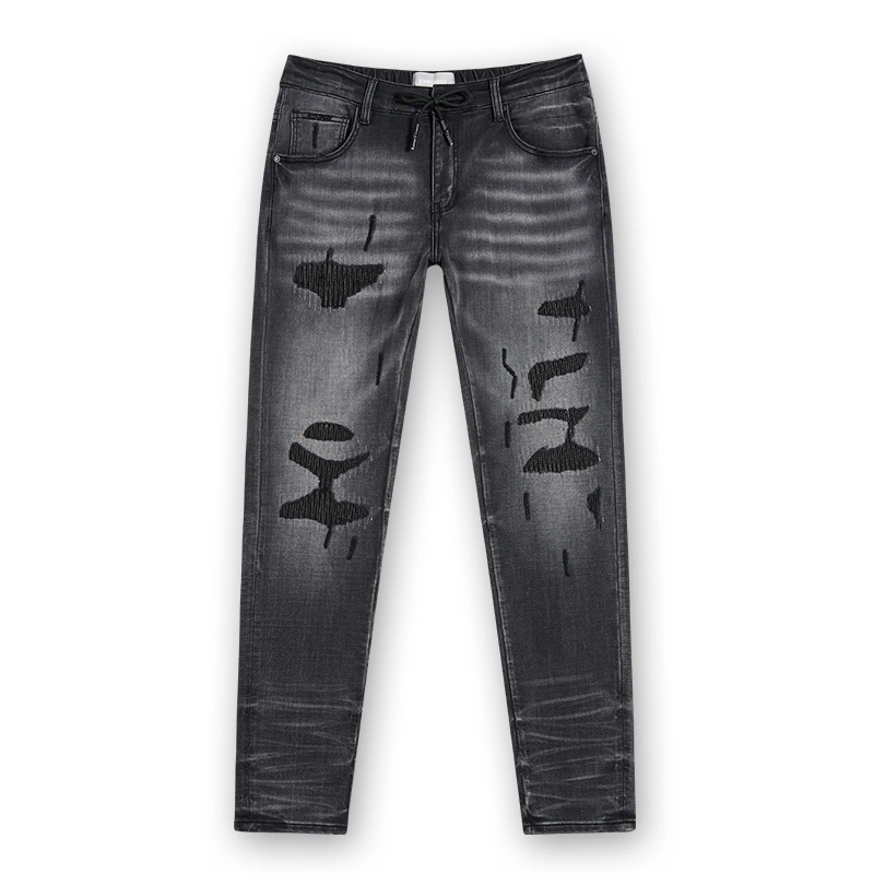 Men's black-grey ripped drawstring slim jeans, front view, style DJSS2605M