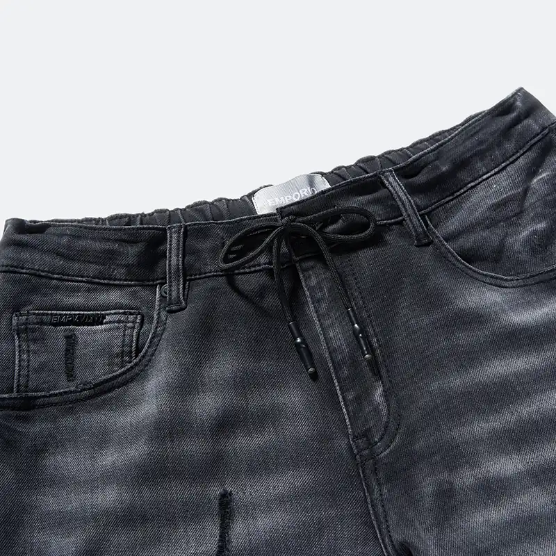 Men's black-grey ripped drawstring slim jeans, waist and wash detail, style DJSS2605M