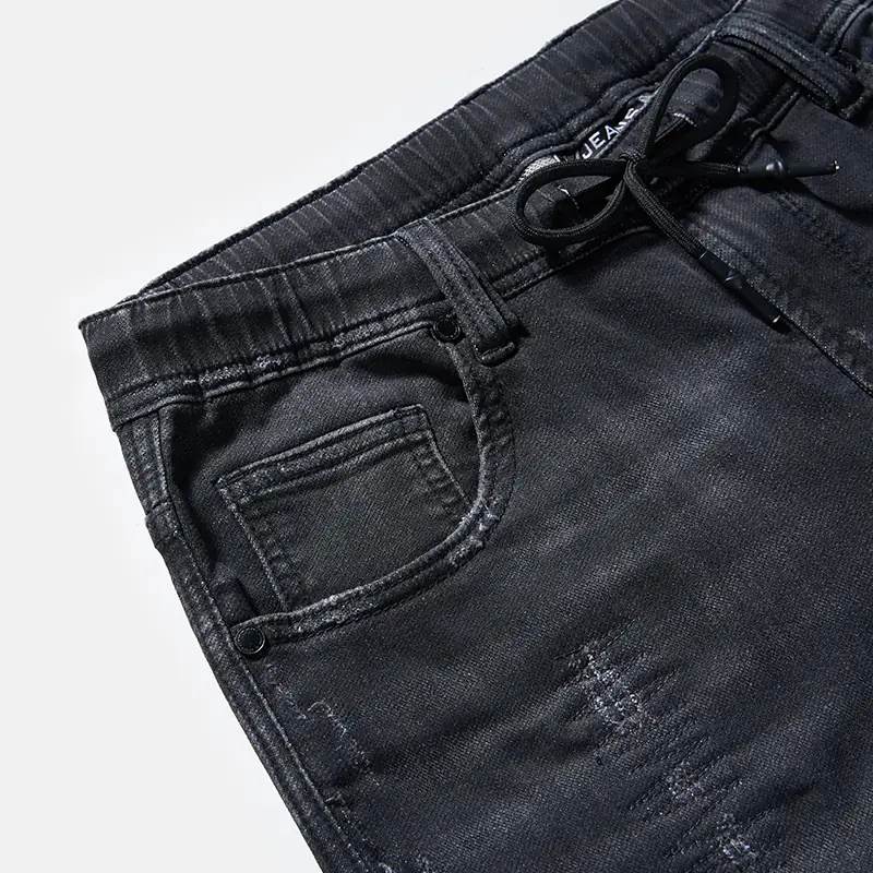 Men's black speckled-wash drawstring slim jeans, adjustable drawstring waist detail, style S26WJJ102