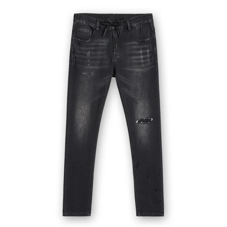 Men's black speckled-wash drawstring slim jeans, front view, style S26WJJ102