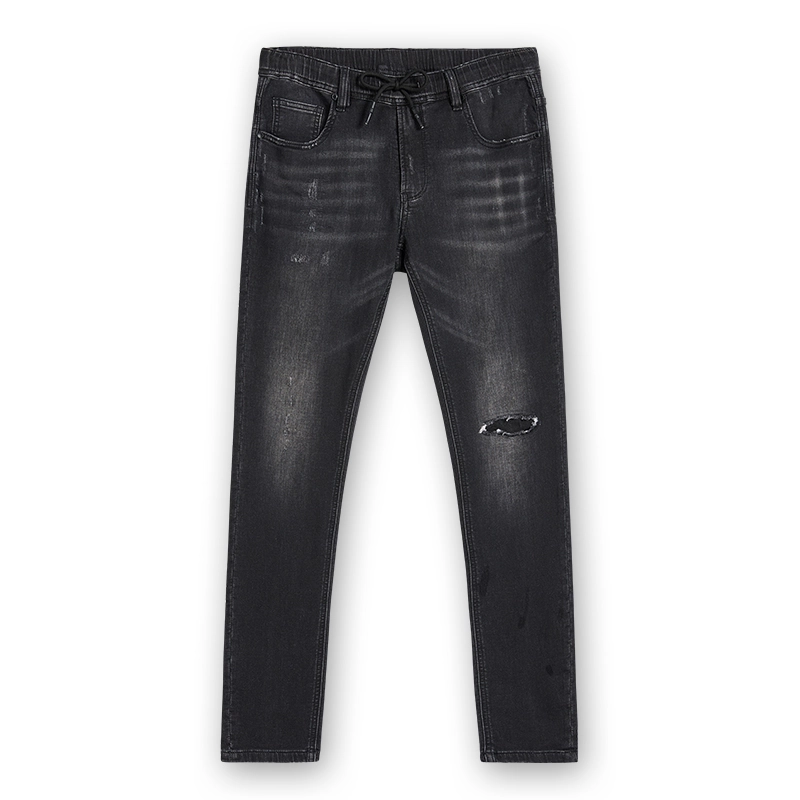 Men's black speckled-wash drawstring slim jeans, front view, style S26WJJ102