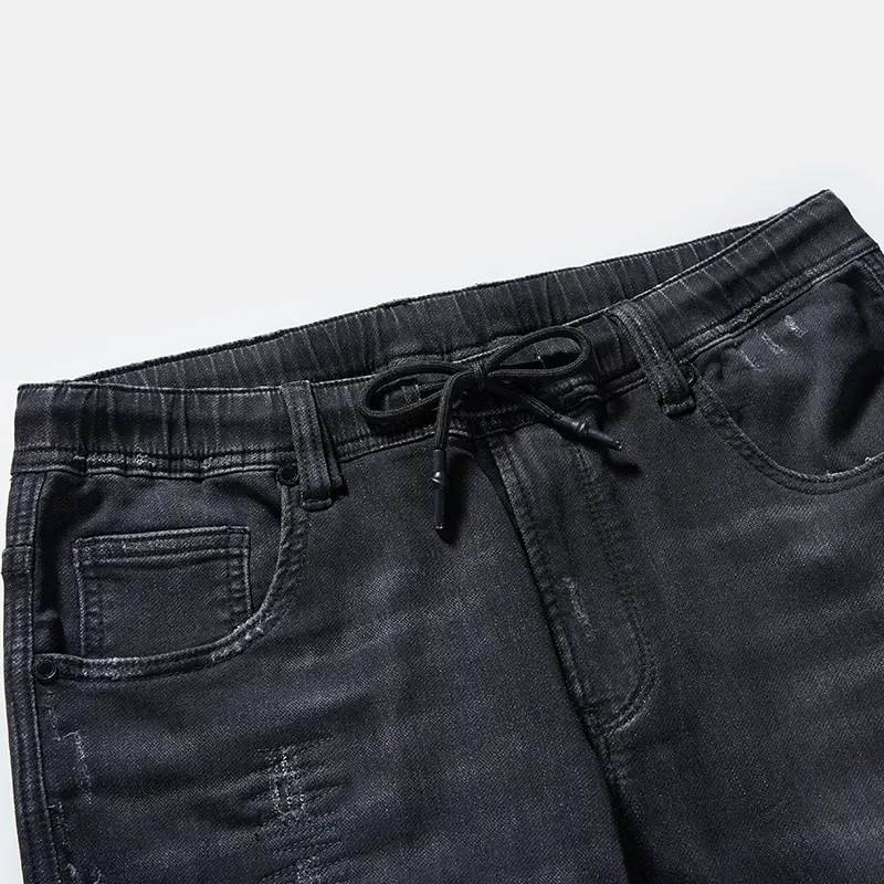 Men's black speckled-wash drawstring slim jeans, waist and wash detail, style S26WJJ102