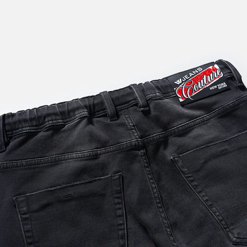 Men's black vintage-wash drawstring slim-straight jeans, back pocket and waist label detail, style S26WJJ105