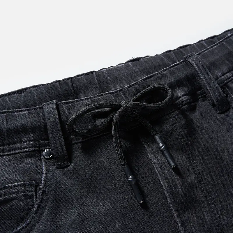 Men's black vintage-wash drawstring slim-straight jeans, adjustable drawstring waist detail, style S26WJJ105