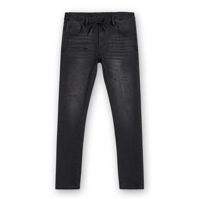 Men's black vintage-wash drawstring slim-straight jeans, front view, style S26WJJ105