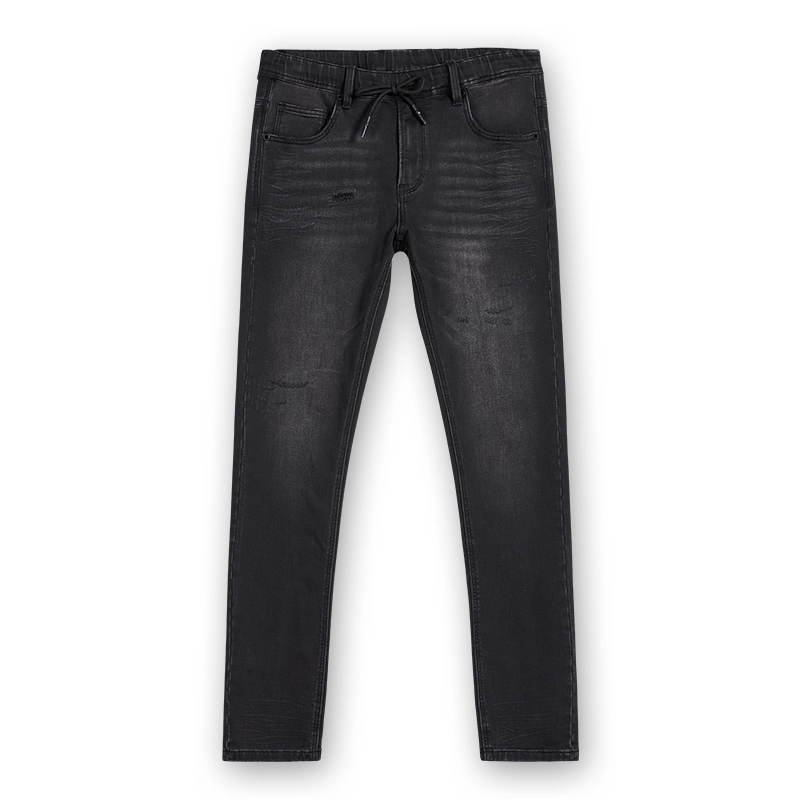 Men's black vintage-wash drawstring slim-straight jeans, front view, style S26WJJ105