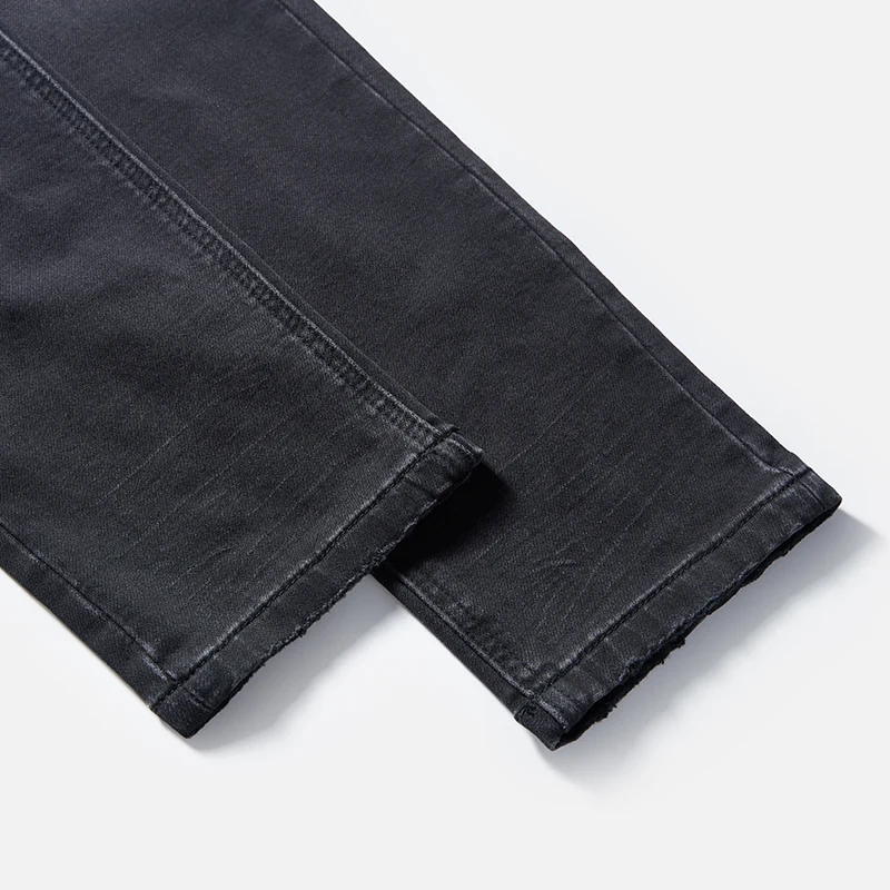 Men's black vintage-wash drawstring slim-straight jeans, hem and wash detail, style S26WJJ105
