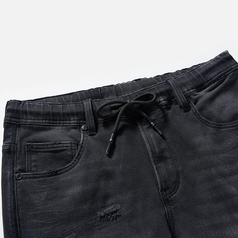 Men's black vintage-wash drawstring slim-straight jeans, waist and wash detail, style S26WJJ105