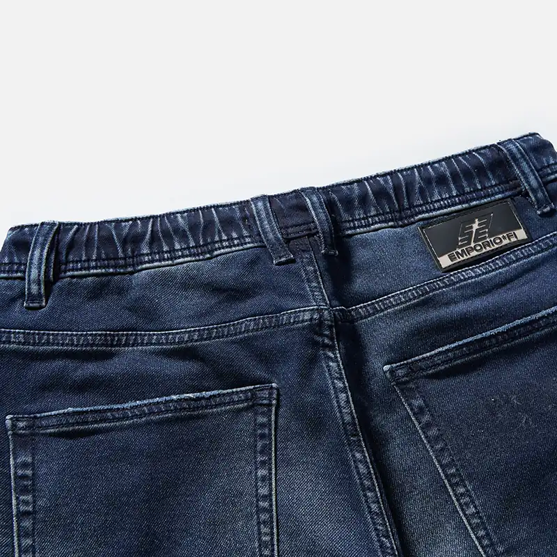 Men's dark blue whisker-wash drawstring slim jeans, back pocket detail, style DJSS2602M