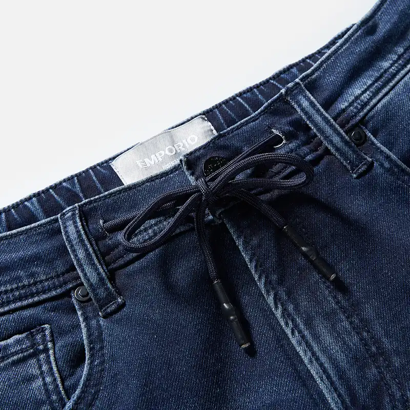 Men's dark blue whisker-wash drawstring slim jeans, adjustable drawstring waist detail, style DJSS2602M