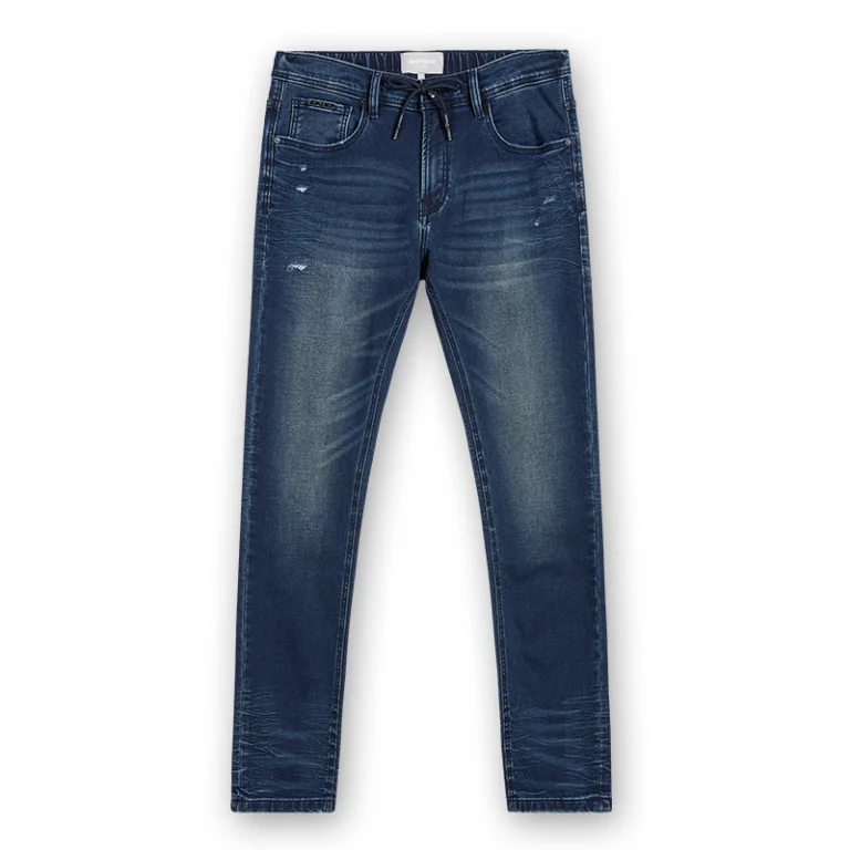 Men's dark blue whisker-wash drawstring slim jeans, front view, style DJSS2602M