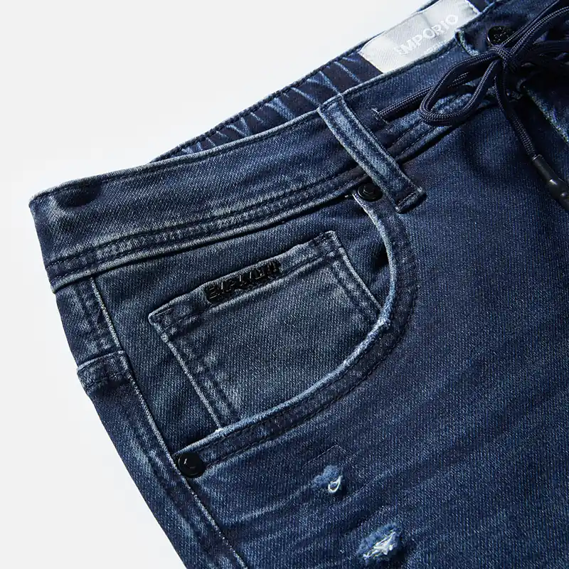 Men's dark blue whisker-wash drawstring slim jeans, front pocket and wash detail, style DJSS2602M