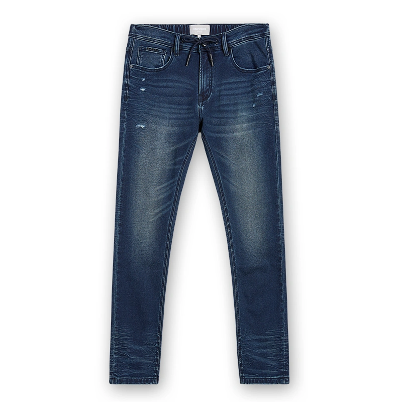 Men's dark blue whisker-wash drawstring slim jeans, front view, style DJSS2602M