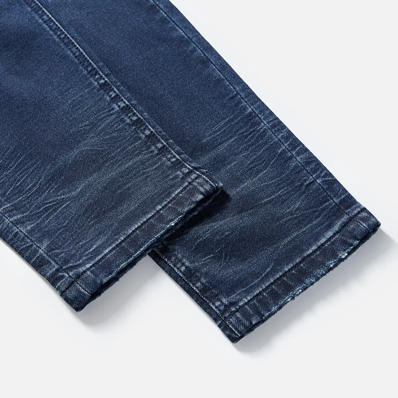 Men's dark blue whisker-wash drawstring slim jeans, hem and wash detail, style DJSS2602M