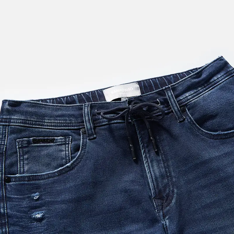 Men's dark blue whisker-wash drawstring slim jeans, waist and wash detail, style DJSS2602M