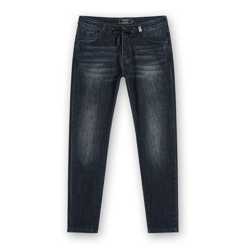 Men's dark indigo drawstring slim jeans, front view, style DJFW2508M