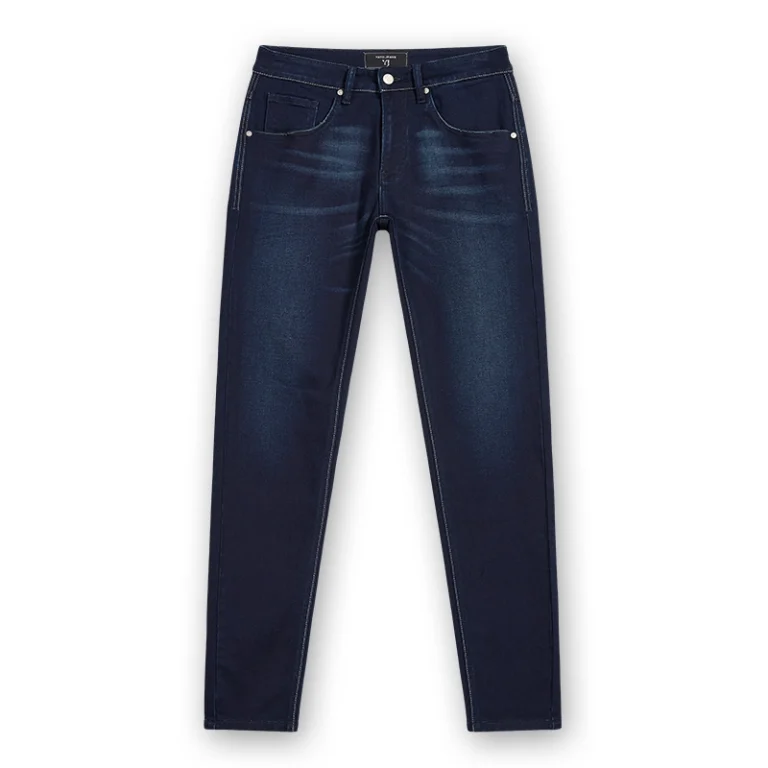 Men's dark indigo whisker wash tapered jeans, front view, style 68010