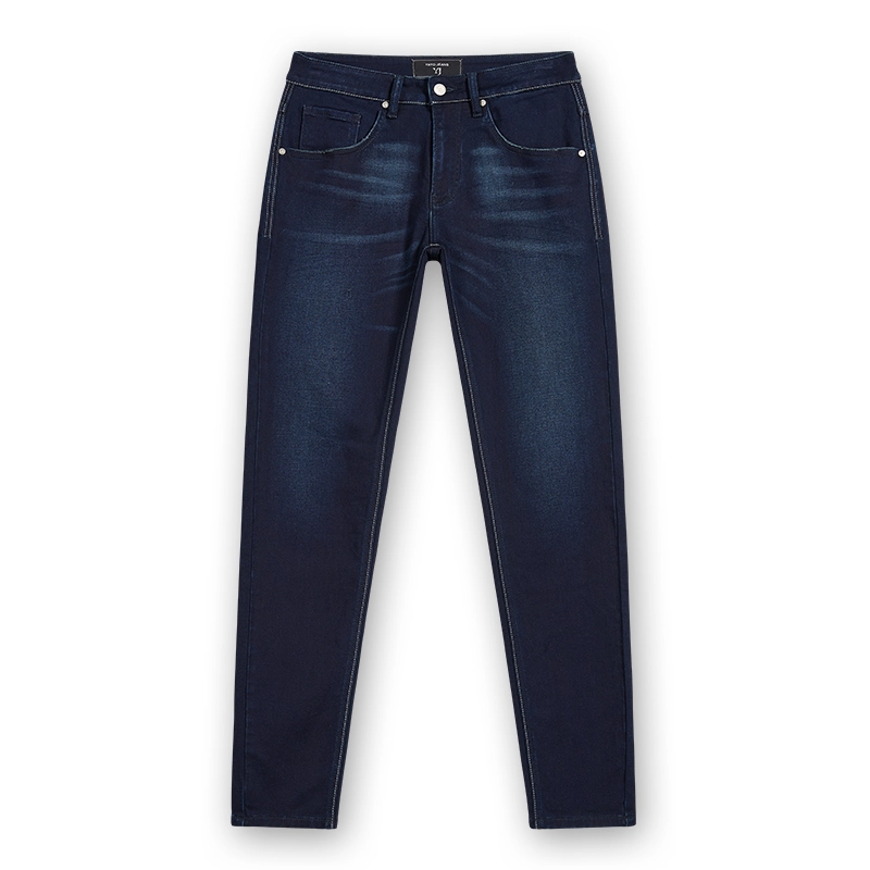 Men's dark indigo whisker wash tapered jeans, front view, style 68010