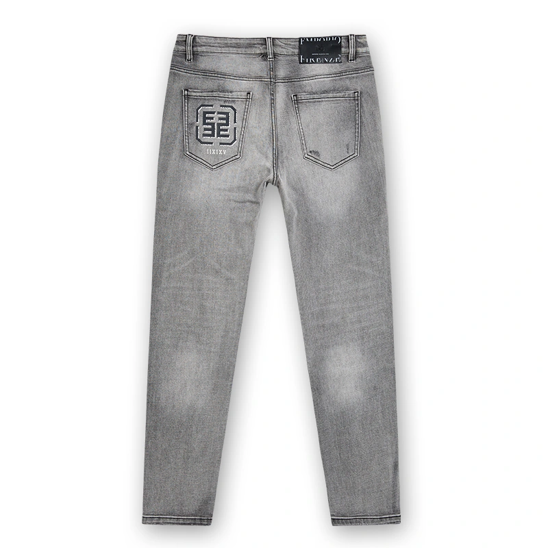 Men's grey drawstring slim jeans, back view, style DJFW2508M