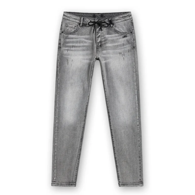 Men's grey drawstring slim jeans, front view, style DJFW2508M