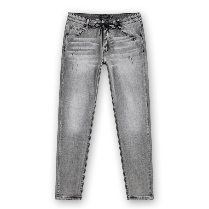 Men's grey drawstring slim jeans, front view, style DJFW2508M
