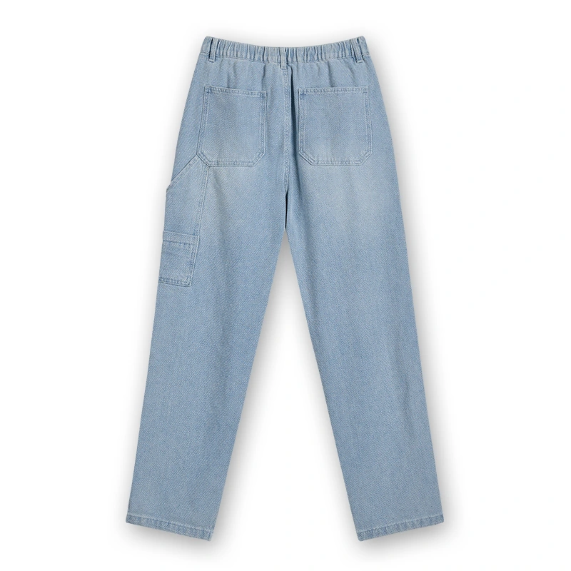 Men's light blue herringbone drawstring denim pants, back view, style 4D717