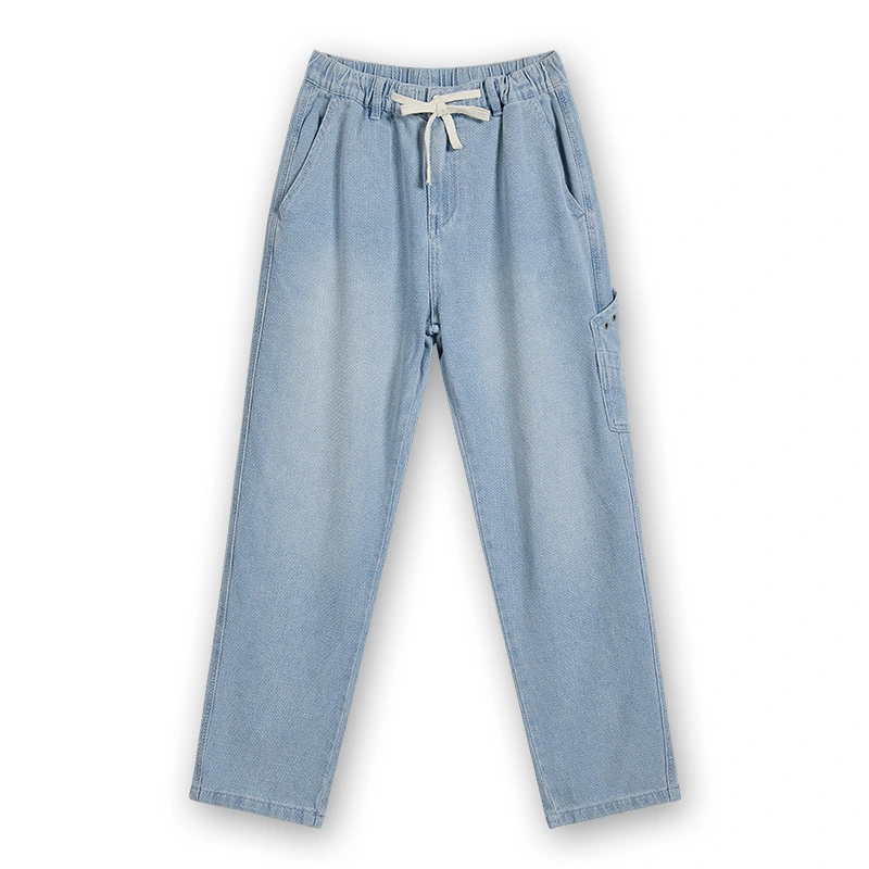 Men's light blue herringbone drawstring denim pants, front view, style 4D717