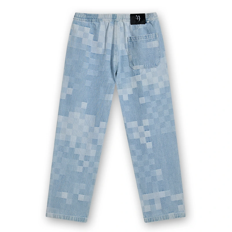 Men's light blue pixel-check drawstring denim pants, back view, style 68071