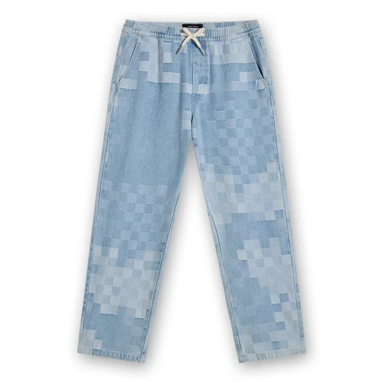 Men's light blue pixel-check drawstring denim pants, front view, style 68071